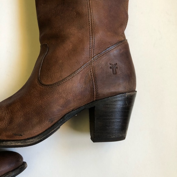 Frye Brown Leather Jackie Heeled High Knee Boots - Picture 3 of 16
